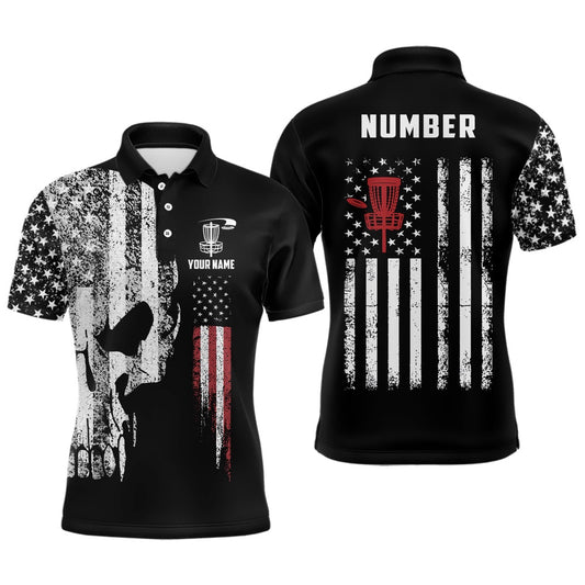 American Flag Skull Mens Disc Golf Polo Shirts Custom Patriotic Disc Golf Shirts Golf Gifts, Golf Polo Shirts