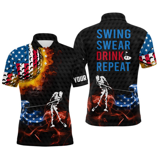 American Flag Swing Swear Drink Repeat Golf Polo Shirts, Flame Patriotic Golf Shirts, Golf Polo Shirts
