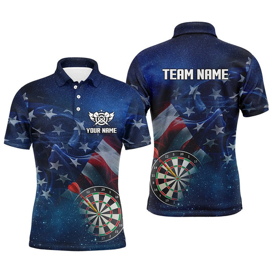 American Flag Universe Patriotic Custom Men Dart Polo Shirts, Personalized Darts Gift For Player, Darts Team Polo Shirt