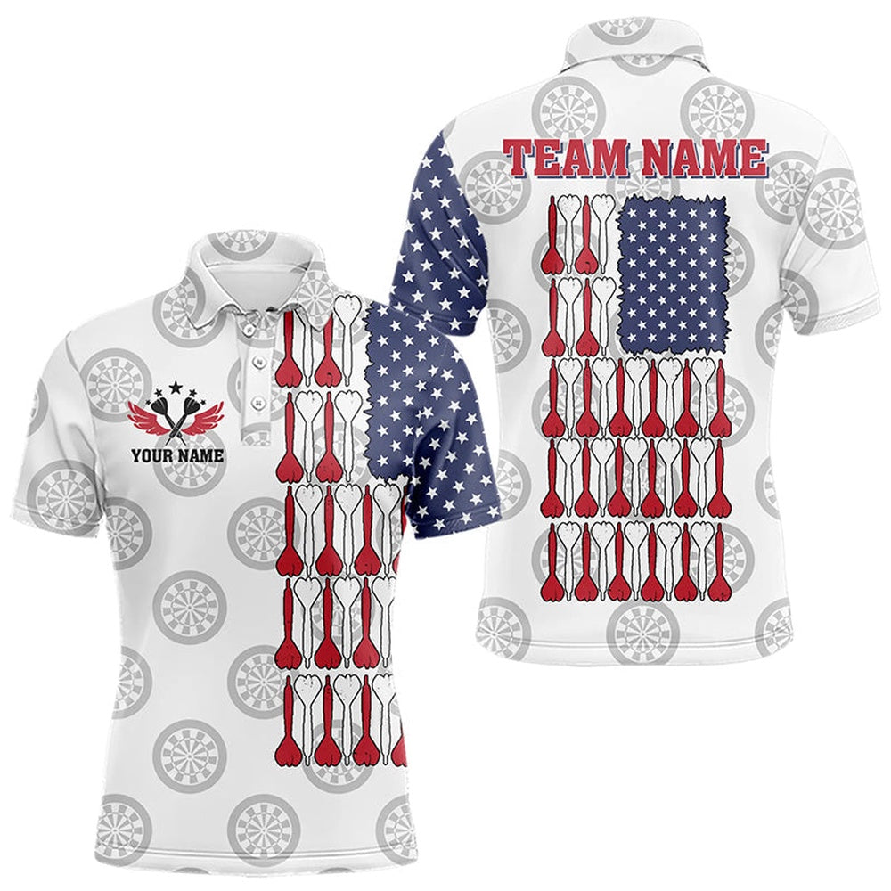 American Flag White Darts Polo Shirt Custom Men Dart Shirts Patriotic Dart Polo, Darts Team Polo Shirt