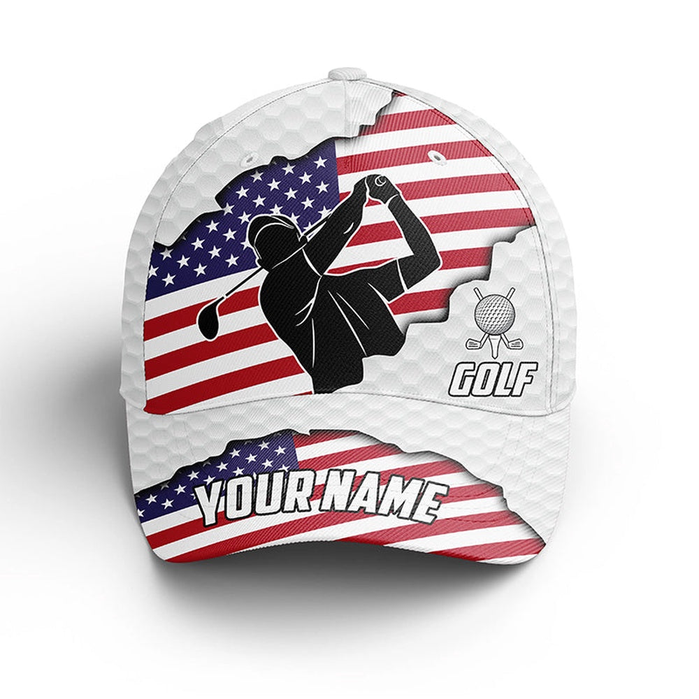 American Flag White Golf Ball Skin Golfer Hat Custom Name Patriotic Sun Hats For Men, Mens Golf Hats, Golf Baseball Cap