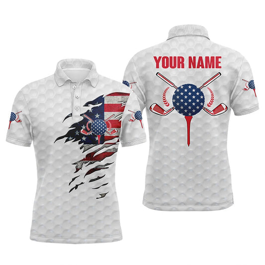 American Flag White Golf Ball Skin Mens Golf Polos Shirts Custom Patriot Golf Gift, Golf Shirt, Golf Polo Shirts