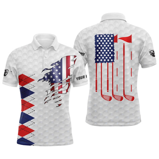 American Flag White Golf Polo Shirts Personalized Patriotic Golf Gift Ideas For Him, Golf Polo Shirts