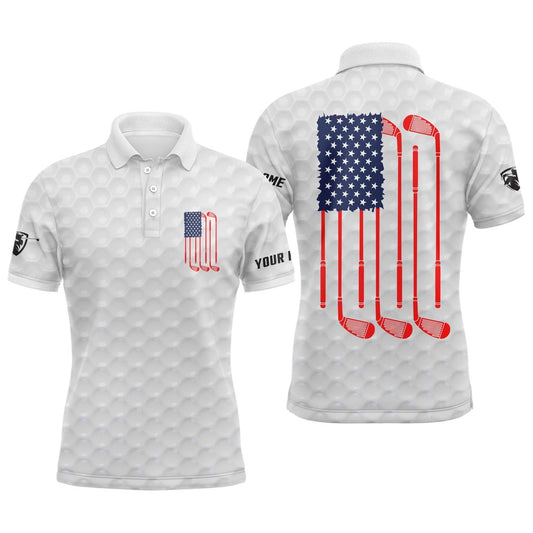 American Flag White Mens Golf Polo Shirt Personalized Patriotic Golf Gift Ideas For Him, Golf Polo Shirts