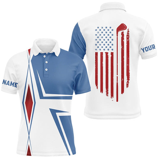 American Flag White Mens Golf Polo Shirts Custom Golf Club Patriotic Team Shirt, Golf Attire, Golf Polo Shirts