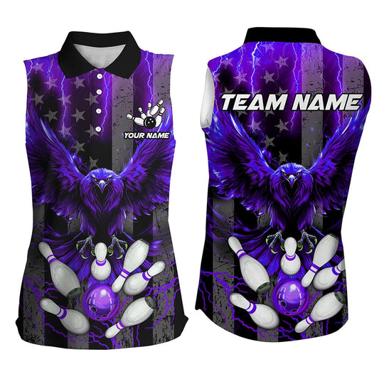 American Flag Women Sleeveless Polo Bowling Shirt Custom Purple Lightning Thunder Eagle Bowling Polo, Women Bowling Shirts