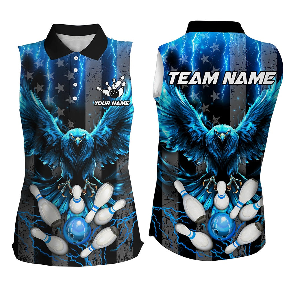 American Flag Women Sleeveless Polo Bowling Shirts Custom Blue Lightning Thunder Eagle Bowling Polo, Women Bowling Shirts