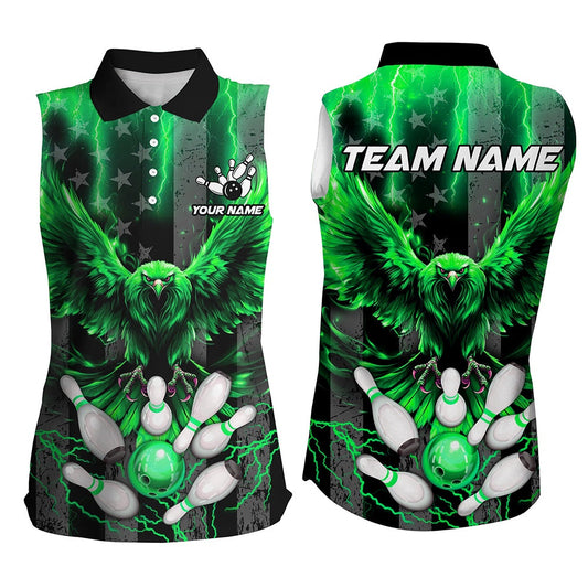 American Flag Women Sleeveless Polo Bowling Shirts Custom Green Lightning Thunder Eagle Bowling Polo, Women Bowling Shirts