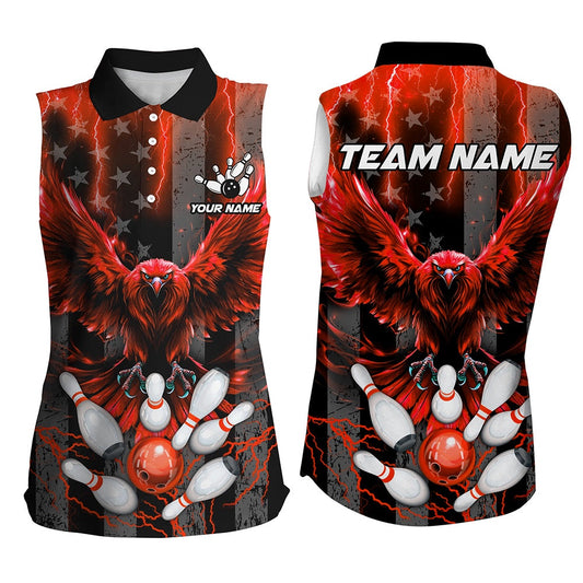 American Flag Women Sleeveless Polo Bowling Shirts Custom Red Lightning Thunder Eagle Bowling Polo, Women Bowling Shirts