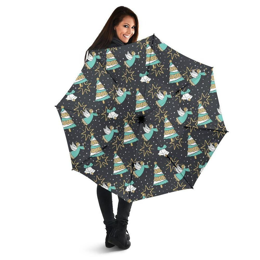 Angel Christmas Print Pattern Automatic Foldable Umbrella, Christmas Umbrella, Xmas Umbrella