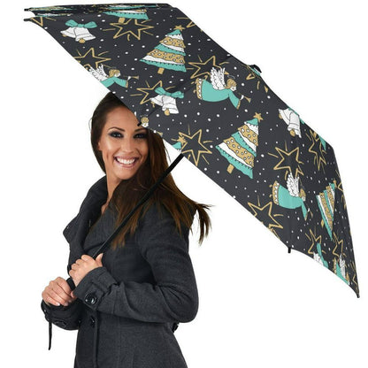 Angel Christmas Print Pattern Automatic Foldable Umbrella, Christmas Umbrella, Xmas Umbrella