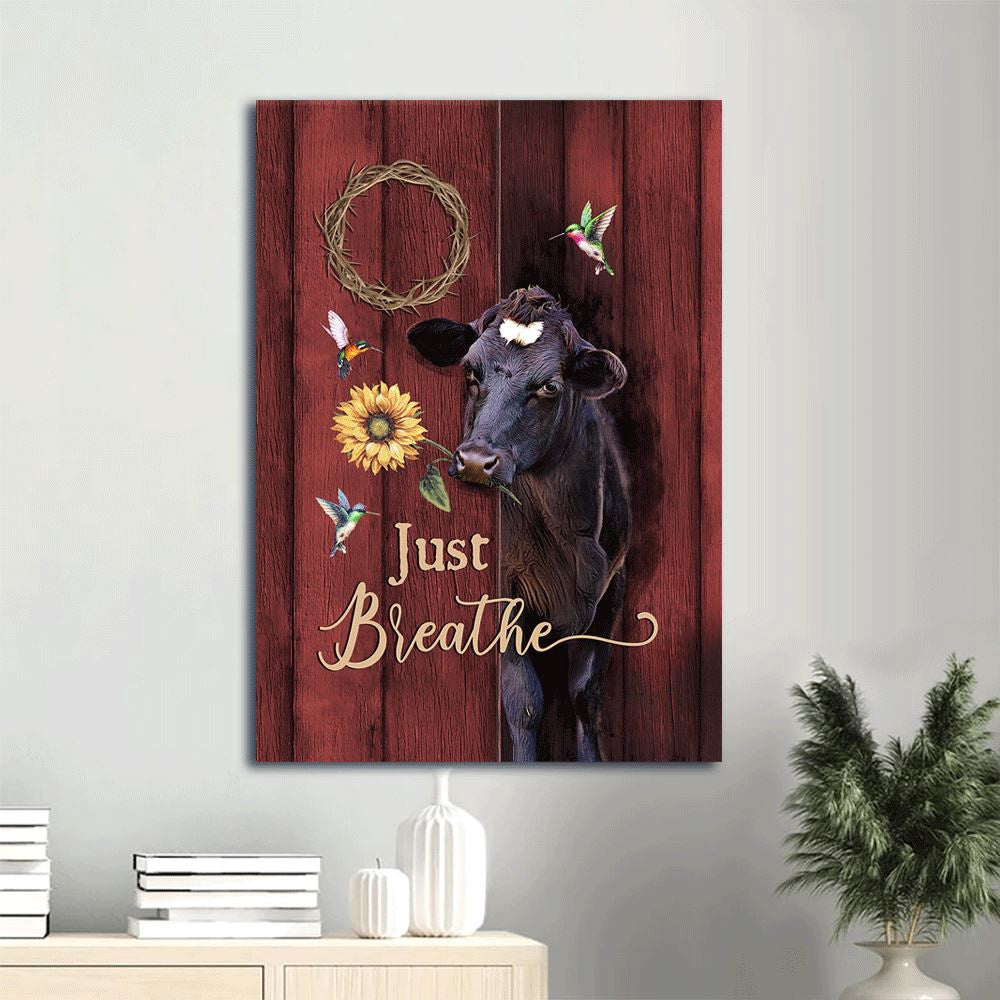 Angus Cow, Sunflower, Life On Farm, Crown Of Thorns Portrait Canvas, Just Breath, Farm Canvas, Farm Art Decor