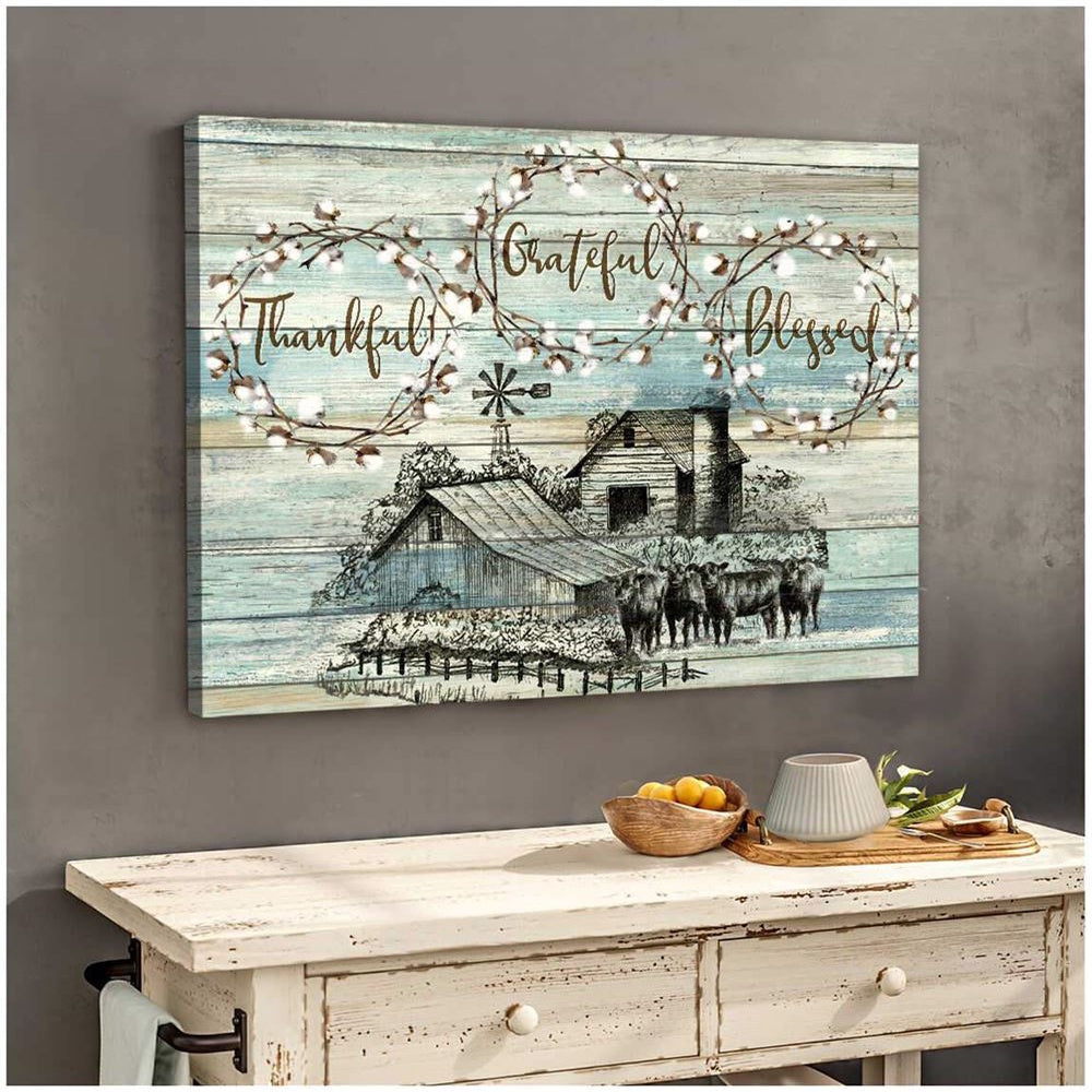Angus Cows Thankful Grateful Blessed Farm Canvas Wall Art Farmhouse Decor Canvas, Farmhouse Canvas, Farm Gift, Farm Home Decor