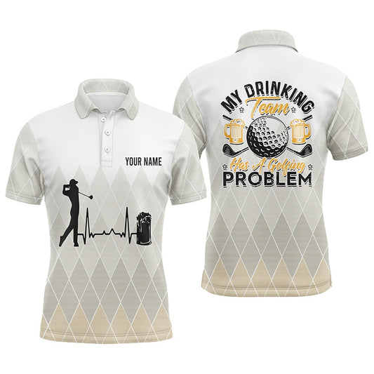 Argyle Pattern Mens Golf Polo Shirt, Personalized Heartbeat Beer Golf Shirts, Golfer Gifts, Golf Polo Shirts