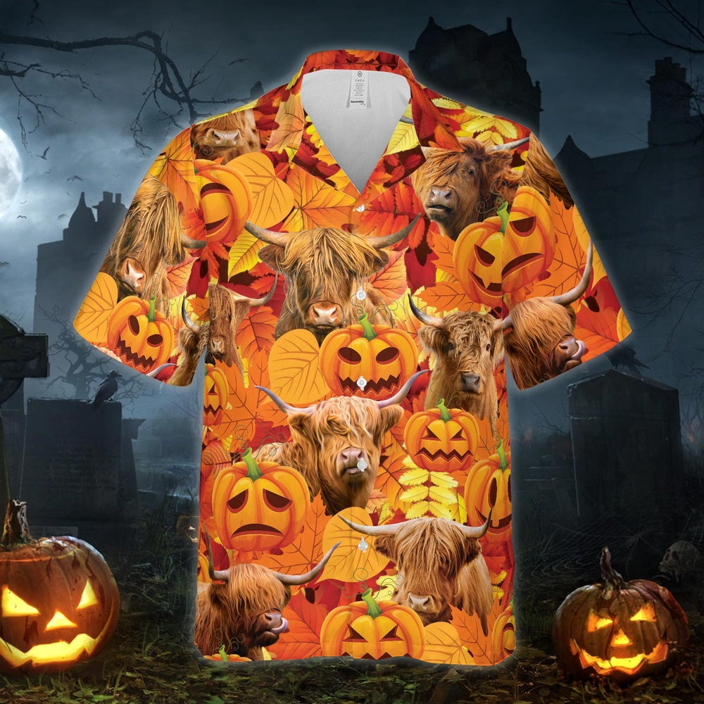 Autumn Leaf Highland Cattle Pumpkin Hawaiian Shirt, Farm Hawaiian Shirt, Farmer Hawaii