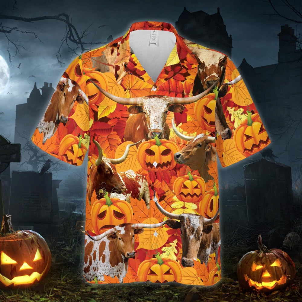 Autumn Leaf TX-Longhorn Cattle Pumpkin Hawaiian Shirt, Farm Hawaiian Shirt, Farmer Hawaii