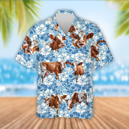 Ayrshire Cattle Blue Flower Pattern Hawaiian Shirt, Farm Hawaiian Shirt, Farmer Hawaii