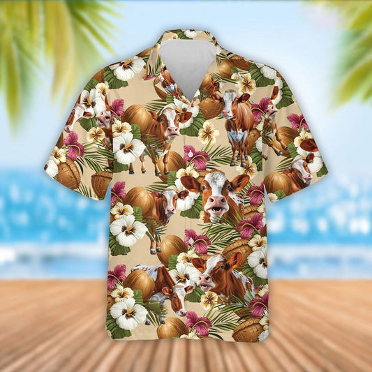 Ayrshire Cattle Coconut Tropical Flowers Hawaiian Shirt, Farm Hawaiian Shirt, Farmer Hawaii
