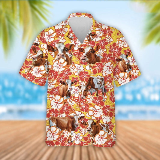 Ayrshire Cattle Orange Flower Pattern Hawaiian Shirt, Farm Hawaiian Shirt, Farmer Hawaii