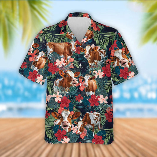 Ayrshire Cattle Red Tropical Flowers Hawaiian Shirt, Farm Hawaiian Shirt, Farmer Hawaii