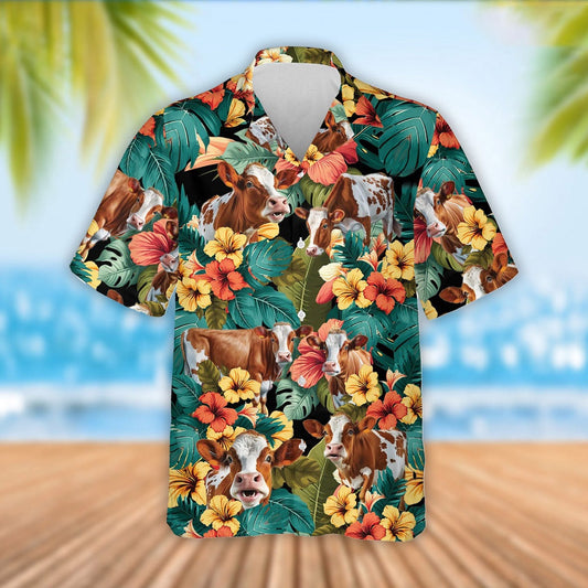 Ayrshire Cattle Tropical Flowers Hawaiian Shirt, Farm Hawaiian Shirt, Farmer Hawaii