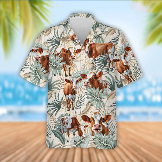 Ayrshire Cattle Tropical Leaf Pattern Hawaiian Shirt, Farm Hawaiian Shirt, Farmer Hawaii