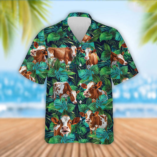 Ayrshire Cattle Tropical Leaves Hawaiian Shirt, Farm Hawaiian Shirt, Farmer Hawaii