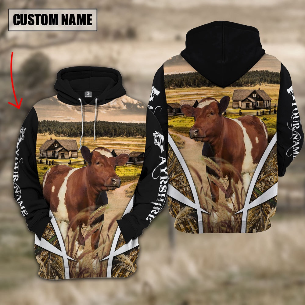 Ayrshire No Horns Custom Name Meadow Pattern Black Hoodie, Farmer Hoodie, Custom Farm Shirts, Farmer T Shirt