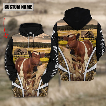 Ayrshire No Horns Custom Name Meadow Pattern Black Hoodie, Farmer Hoodie, Custom Farm Shirts, Farmer T Shirt