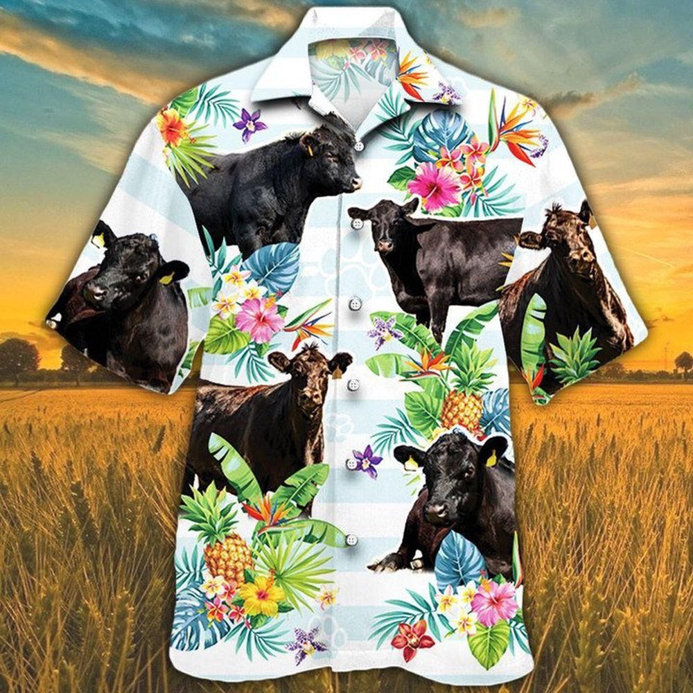 BLACK ANGUS Hawaiian Theme Pineapple Tropical Flower Hawaiian Shirt, Farm Hawaiian Shirt, Farmer Hawaii