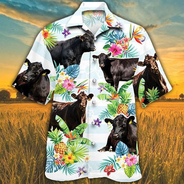 BLACK ANGUS Hawaiian Theme Pineapple Tropical Flower Hawaiian Shirt, Farm Hawaiian Shirt, Farmer Hawaii