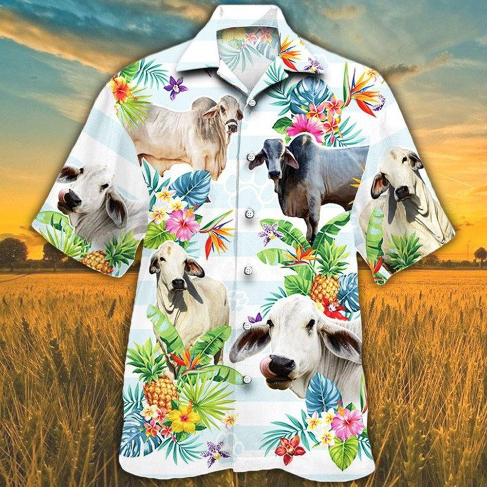 BRAHMAN CATTLE Hawaiian Theme Pineapple Tropical Flower Hawaiian Shirt, Farm Hawaiian Shirt, Farmer Hawaii