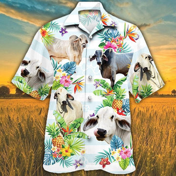 BRAHMAN CATTLE Hawaiian Theme Pineapple Tropical Flower Hawaiian Shirt, Farm Hawaiian Shirt, Farmer Hawaii