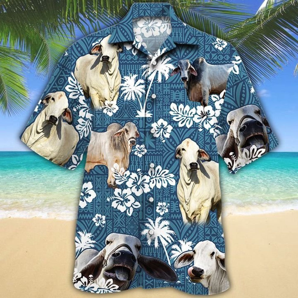 BRAHMAN Cattle Blue Tribal All Over Printed Hawaiian Shirt, Farm Hawaiian Shirt, Farmer Hawaii
