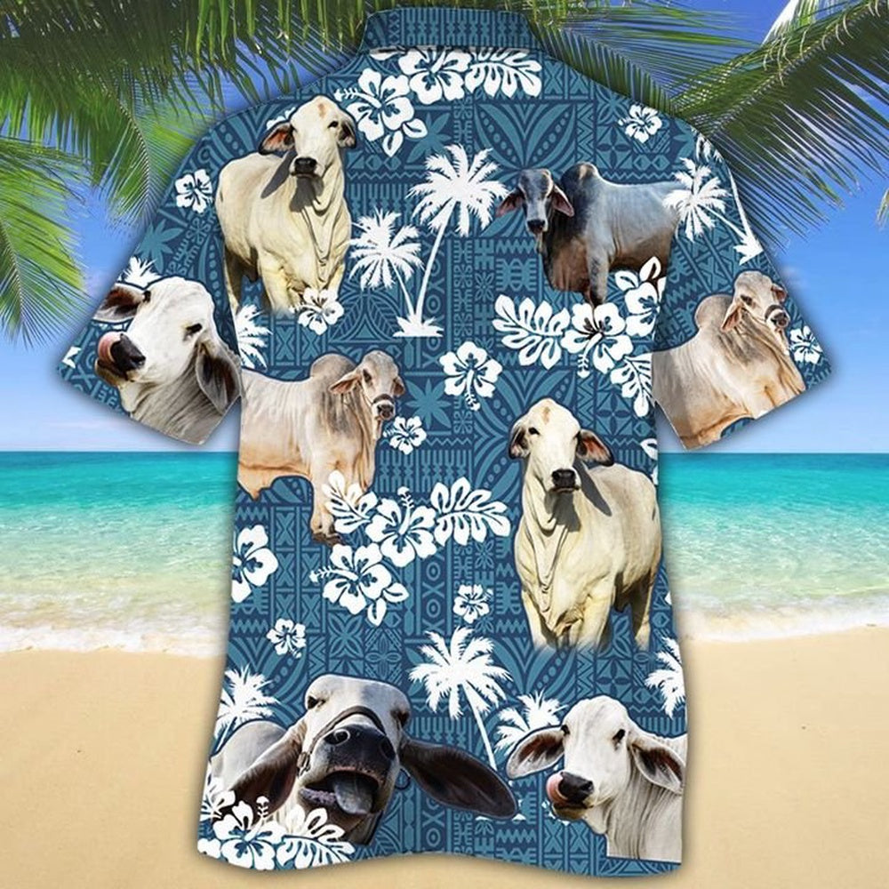 BRAHMAN Cattle Blue Tribal All Over Printed Hawaiian Shirt, Farm Hawaiian Shirt, Farmer Hawaii