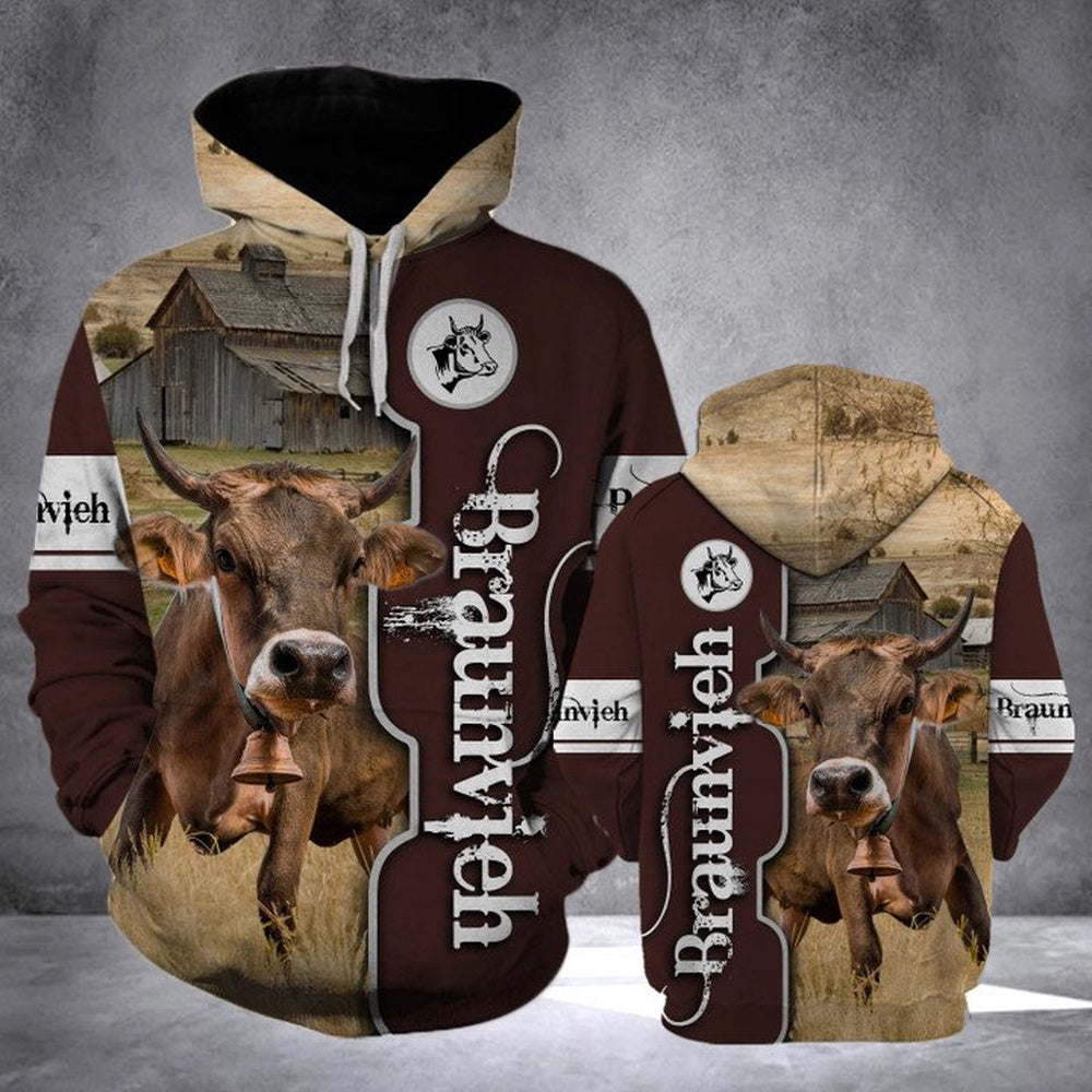 BRAUNVIEH CATTLE All Over Printed Hoodie, Farmer Hoodie, Farm Themed Shirts, Farm Tee Shirts