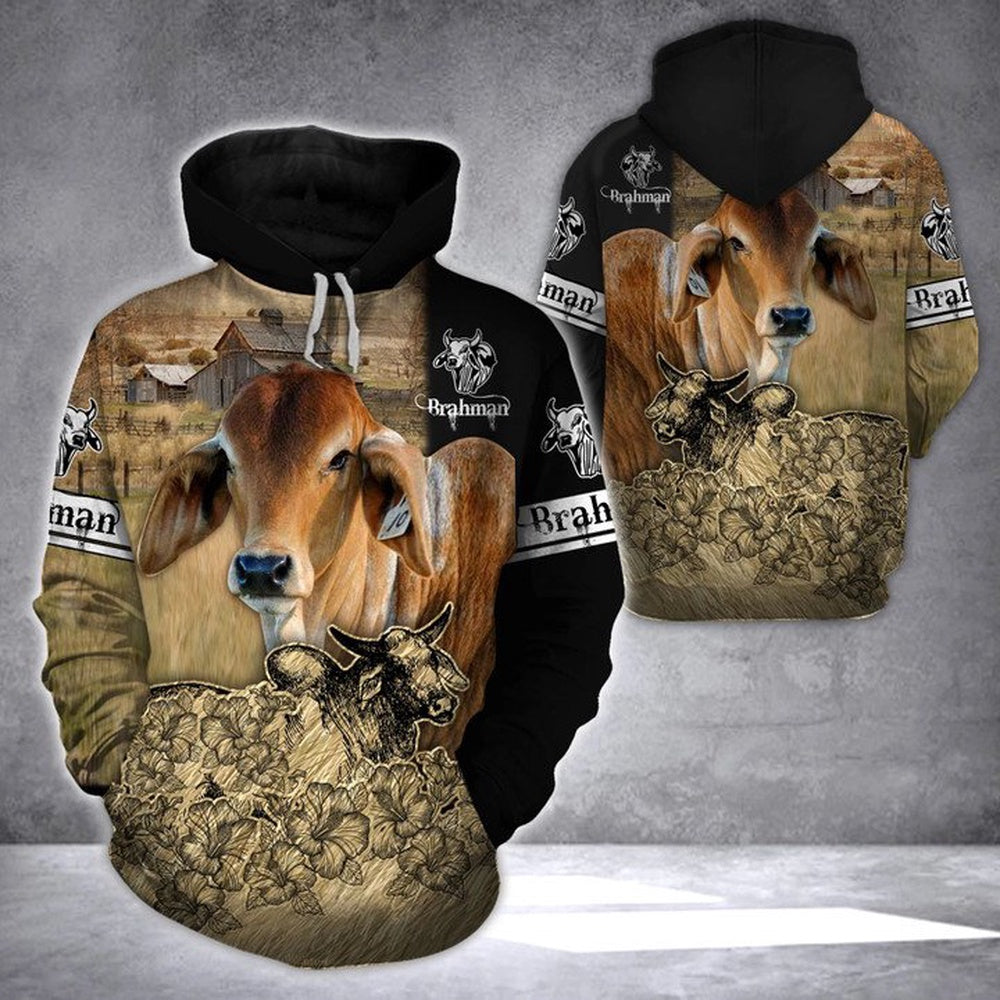 BROWN BRAHMAN CATTLE All Over Printed Hoodie, Farmer Hoodie, Farm Themed Shirts, Farm Tee Shirts