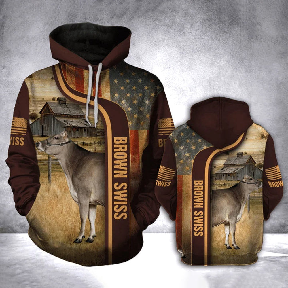 BROWN SWISS All Over Printed 3D Hoodie, Farmer Hoodie, Farm Themed Shirts, Farm Tee Shirts