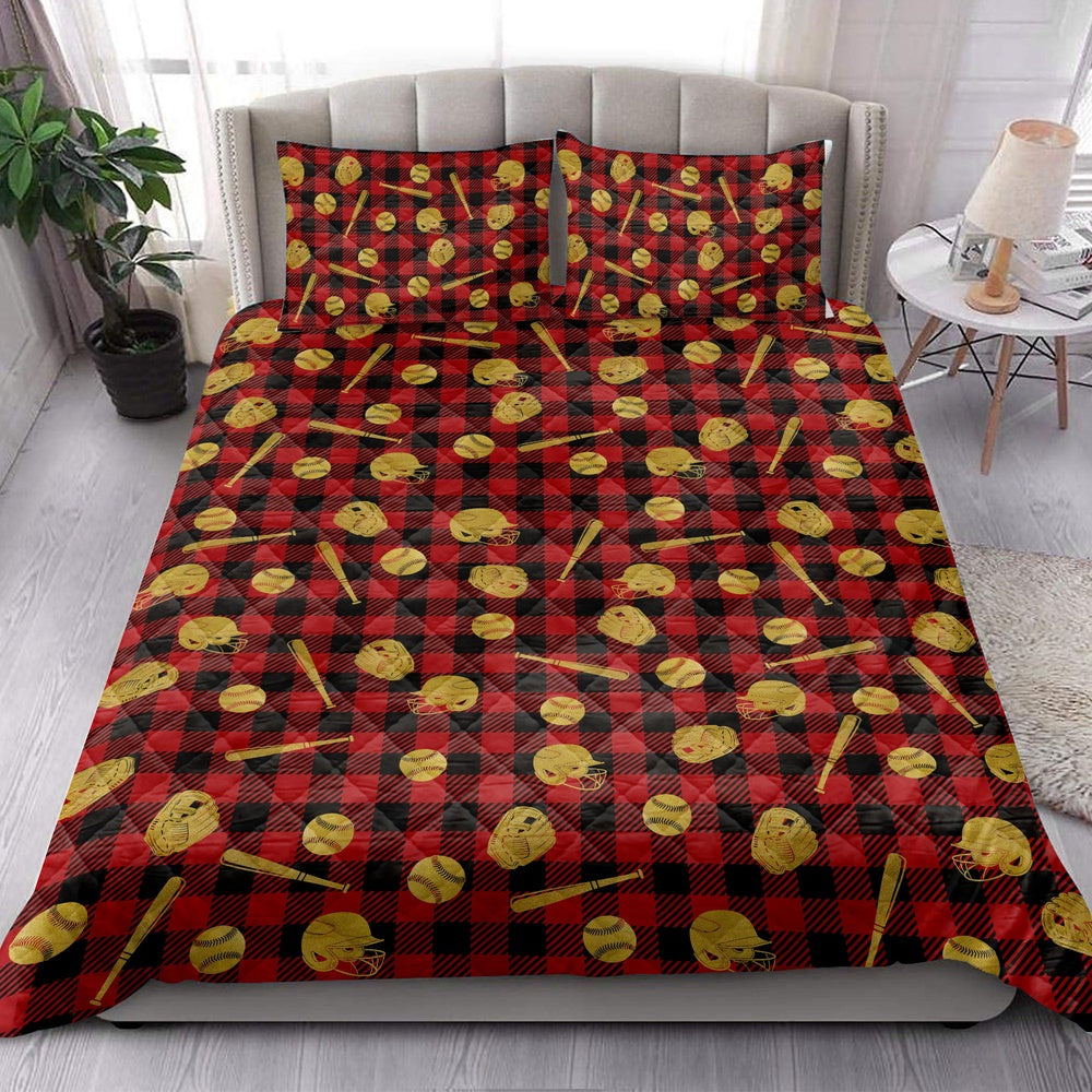 Baseball Gold Glittermas Red Buffalo Plaid Bedding Set, Christmas Beddings, Xmas Bedding Sets