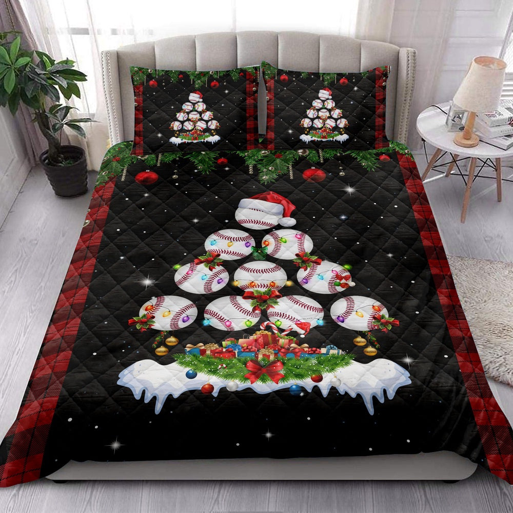 Baseballmas Tree Snowflake Box Red Buffalo Plaid Bedding Set, Christmas Beddings, Xmas Bedding Sets