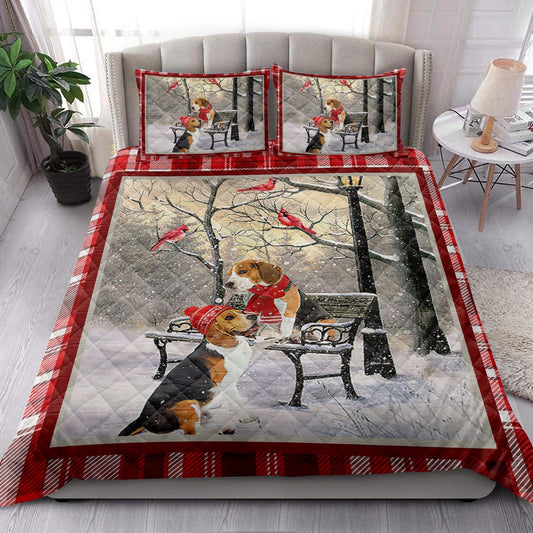 Beagle Hellomas Snowflake Winter Park Cardinal Holiday Bedding Set, Christmas Beddings, Xmas Bedding Sets