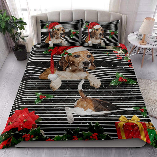 Beaglemas Striped With Santa Hat And Holy Berry Snowflake Bedding Set, Christmas Beddings, Xmas Bedding Sets