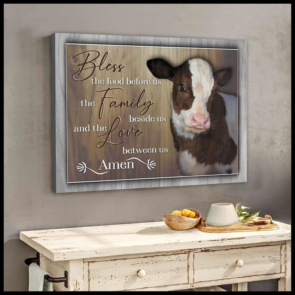 Beautiful Cow Canvas Bless The Family Beside Us Farmhouse Canvas, Farmhouse Canvas, Farm Gift, Farm Home Decor