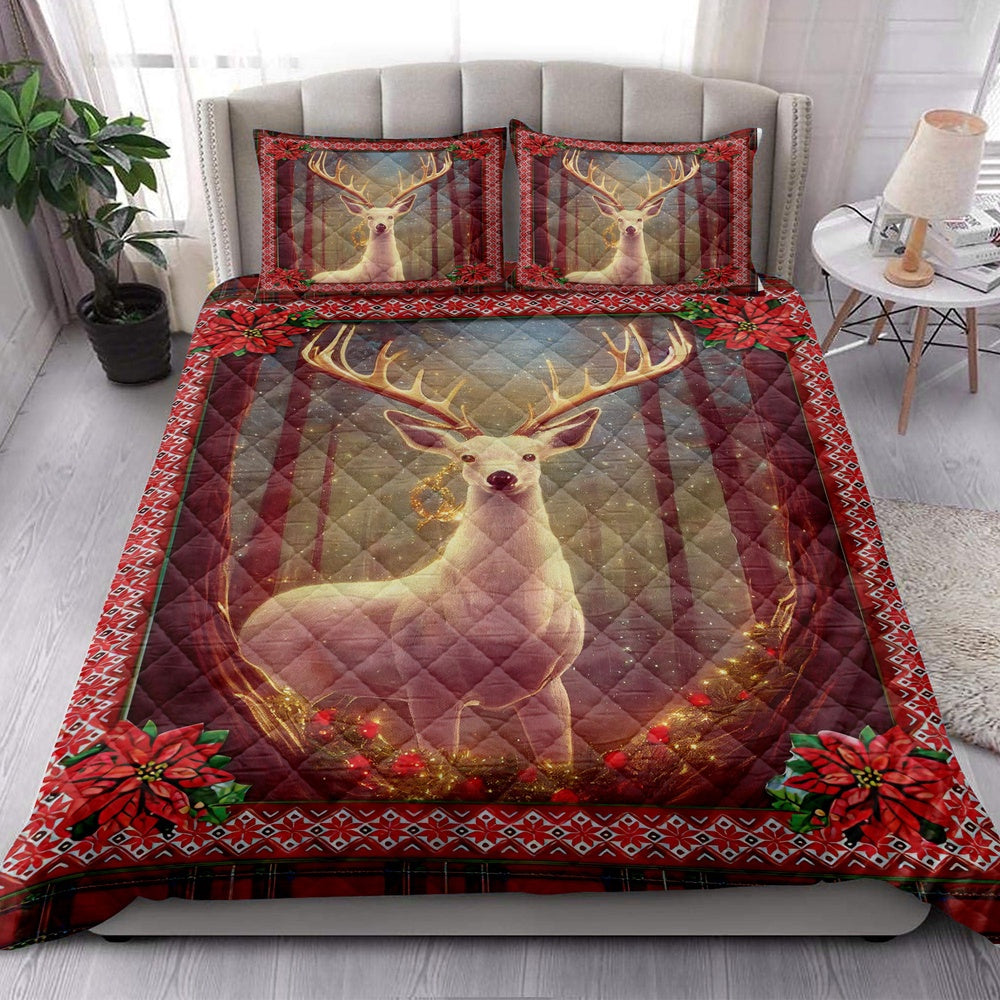 Beautiful Deer Inestmas Light Mistletoe Poinsettia Bedding Set, Christmas Beddings, Xmas Bedding Sets