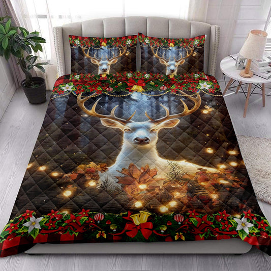Beautiful Deer With Poinsettiamas Light Bedding Set, Christmas Beddings, Xmas Bedding Sets