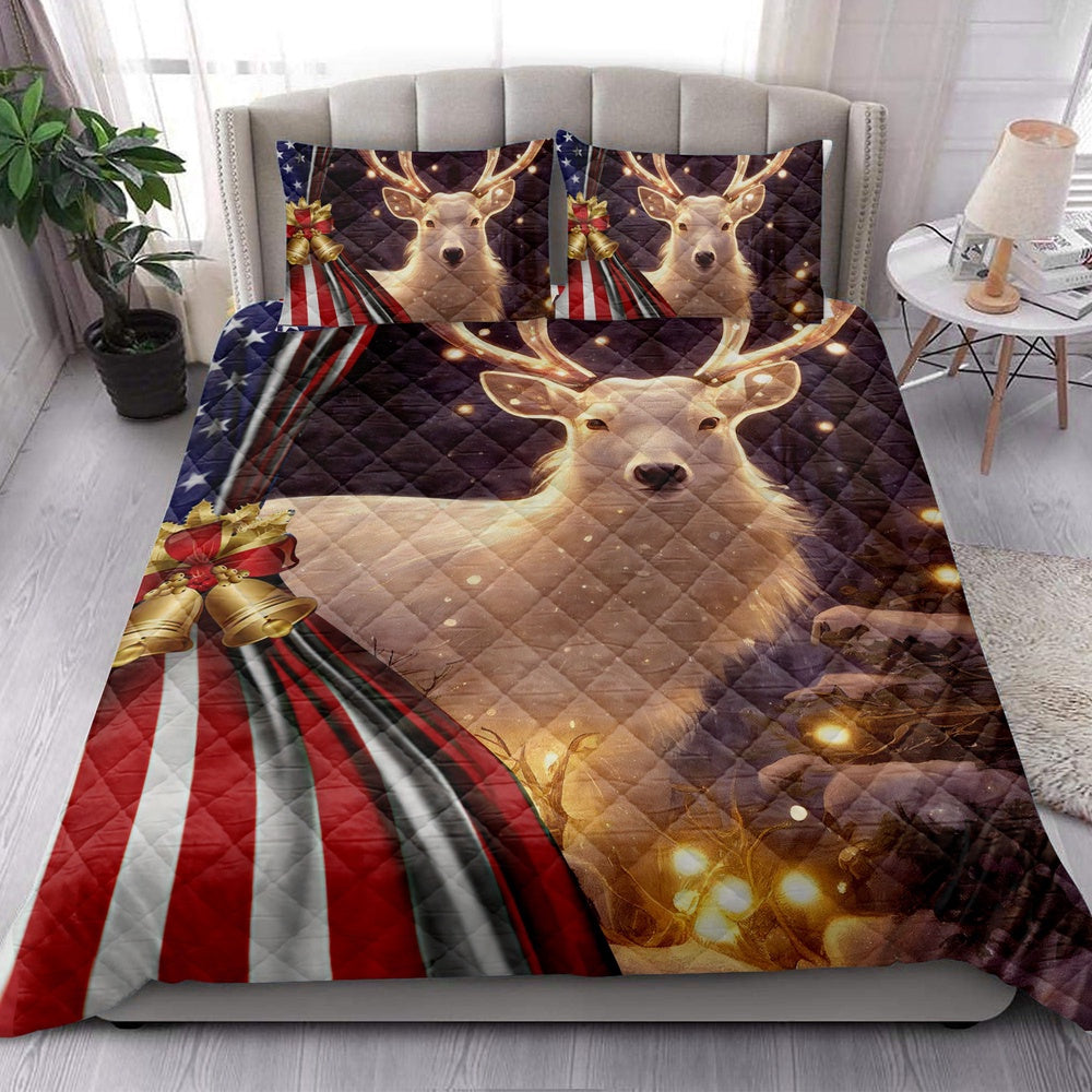 Beautiful Deer Withmas Bell Us Flagmas Bedding Set, Christmas Beddings, Xmas Bedding Sets