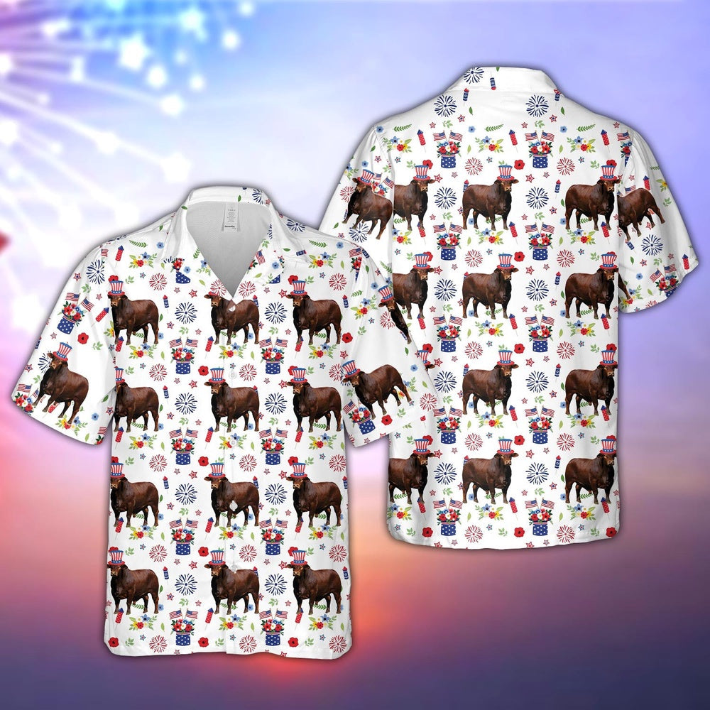Beefmaster American Flag And Firework Pattern Hawaiian Shirt, Farm Hawaiian Shirt, Farmer Hawaii