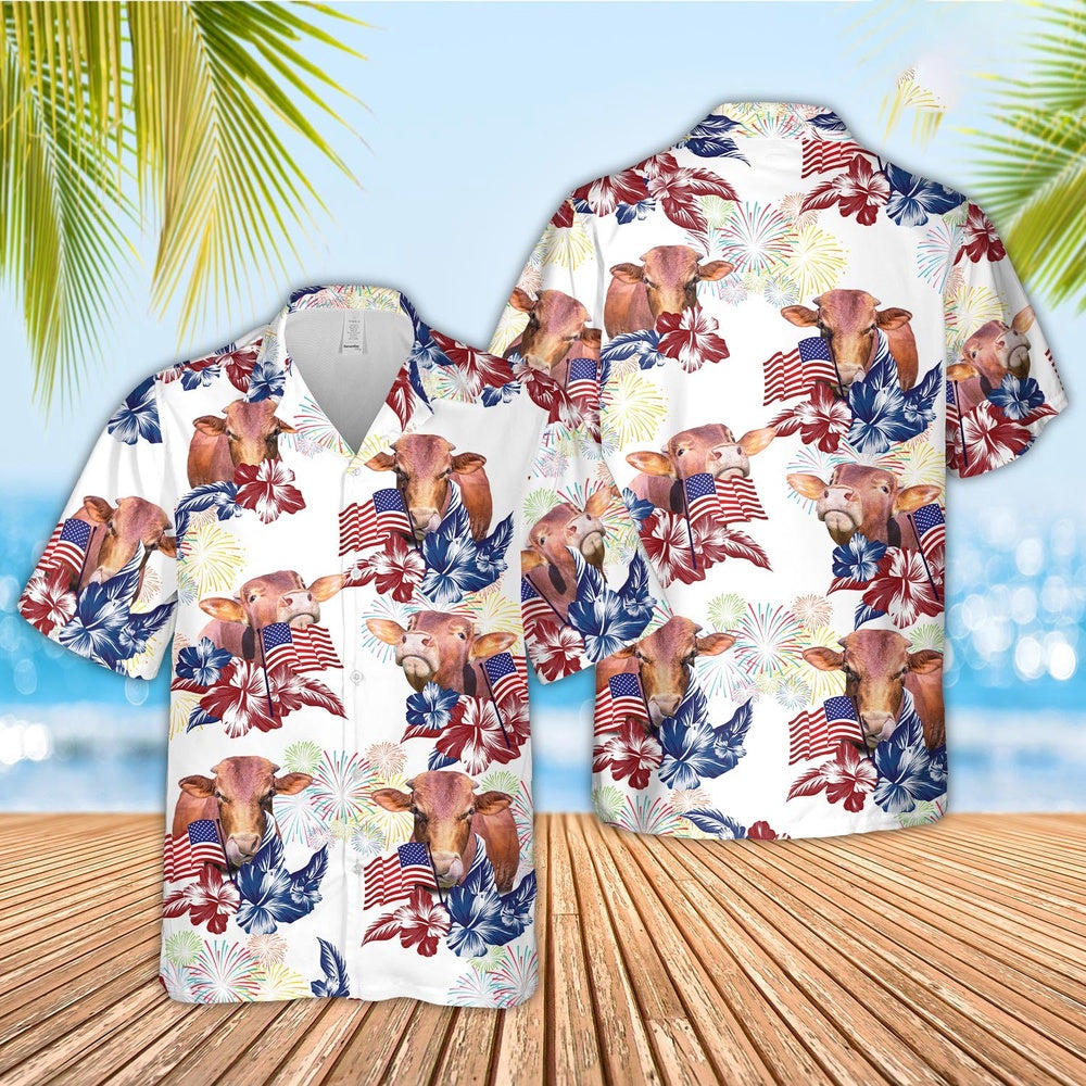 Beefmaster American Flowers And Flag Pattern Hawaiian Shirt, Farm Hawaiian Shirt, Farmer Hawaii