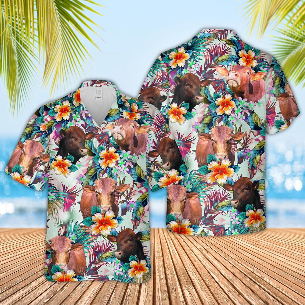 Beefmaster Colorful Leaf Pattern Hawaiian Shirt, Farm Hawaiian Shirt, Farmer Hawaii