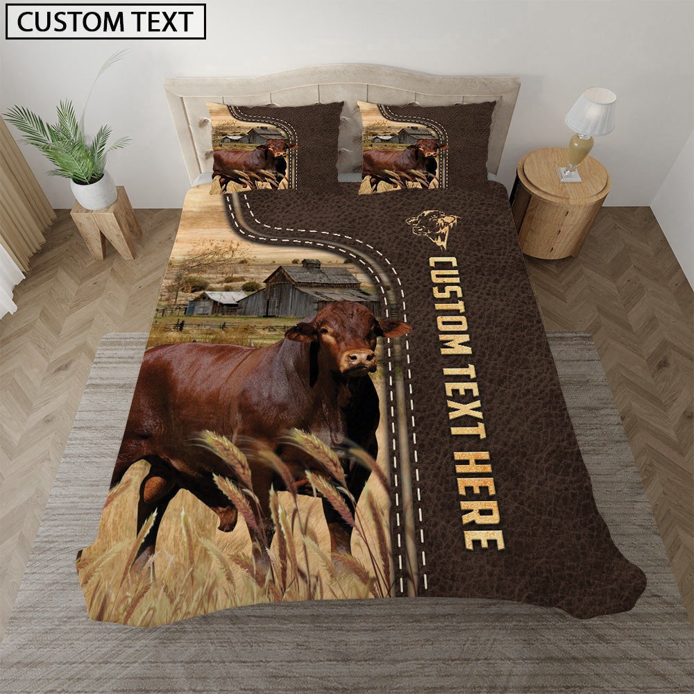 Beefmaster Custom Text Leather Pattern Bedding Set, Farm Bedding Set, Farmhouse Bedding Set